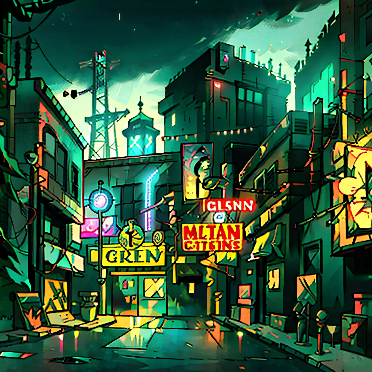 Illustration d&#39;un paysage urbain Cyberpunk la nuit avec des gratte-ciel, néons, panneaux d&#39;affichage, voitures, Chapiteau de théâtre, & fils électriques. Jeu Vidéo Rétro Pixelart City. [science-fiction, fantaisie, Historique]