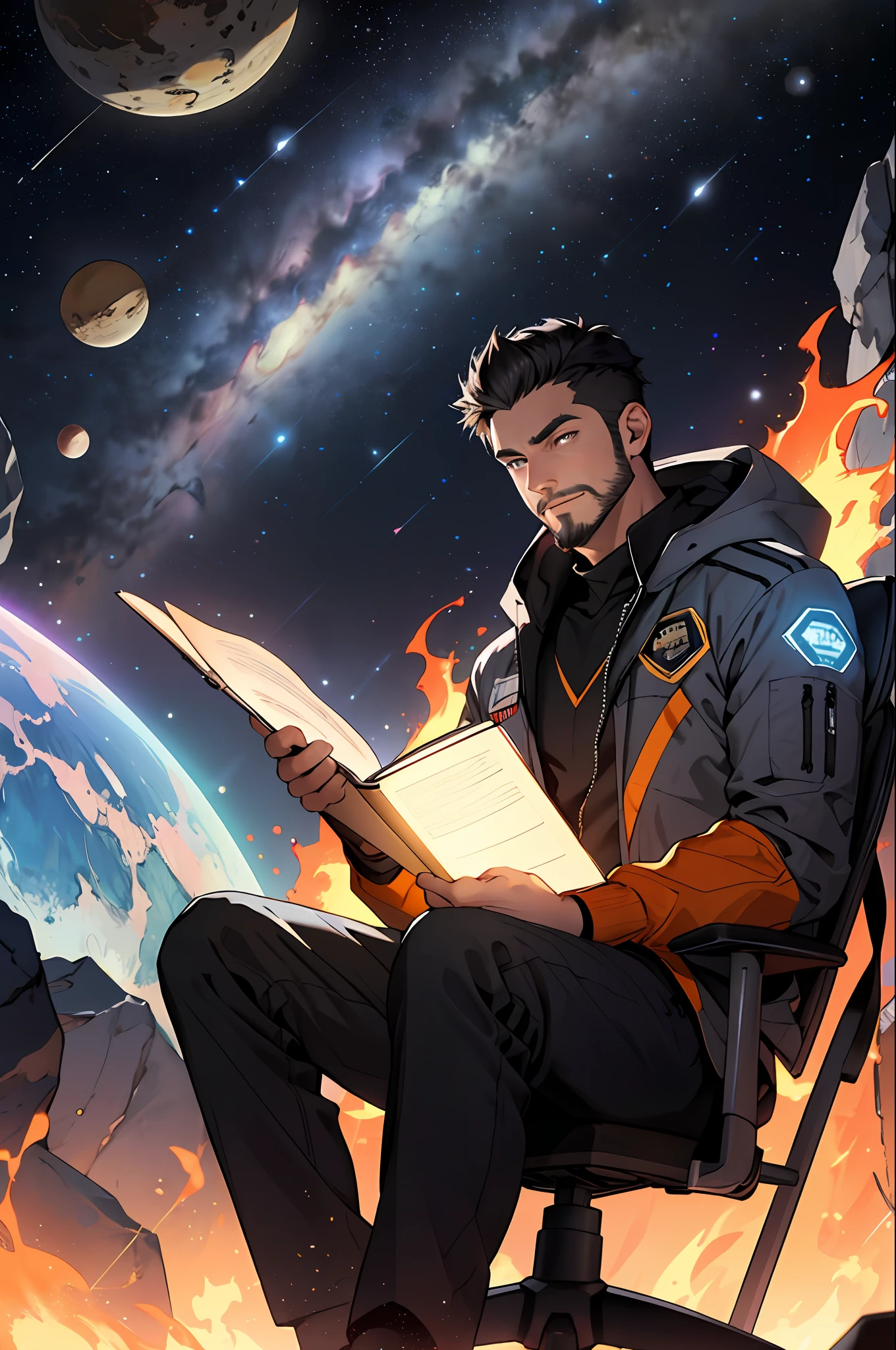 Draw a young programmer, sitting on a research platform floating in the middle of an asteroid belt. He is studying with a notebook, surrounded by several asteroids glowing with fiery auras. Dramatic lighting from distant stars and planets illuminates the scene, casting deep shadows on the suit. The young man looks confident and determined, looking at the vast and mysterious universe with wonder and respect,facial hair, cowboy shot,