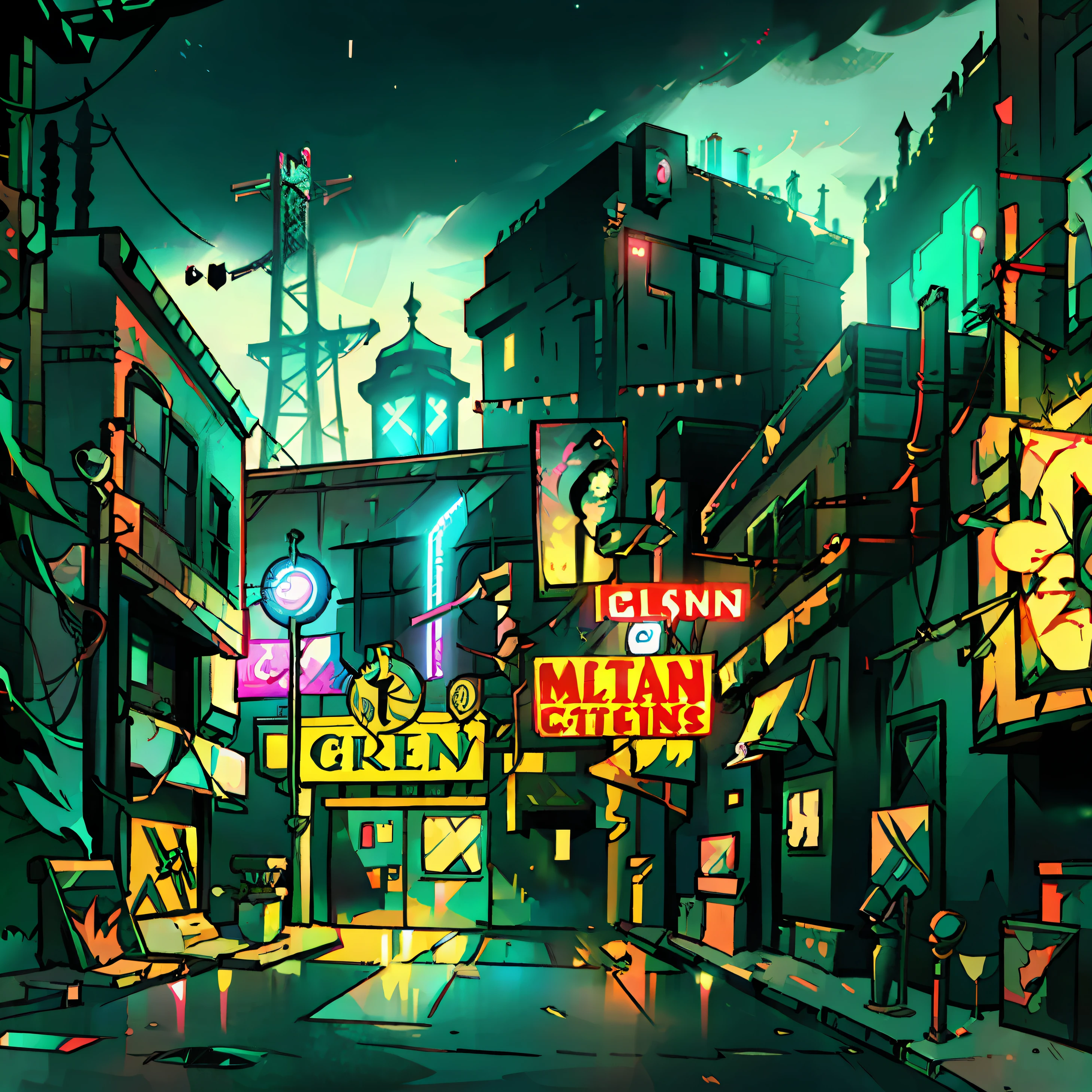 Ilustração de uma paisagem urbana cyberpunk à noite com arranha-céus, luzes de neon, outdoors, carros, Marquise de Teatro, & Fios elétricos. Videogame retrô Pixelart City. [Sci-Fi, fantasia, histórico]