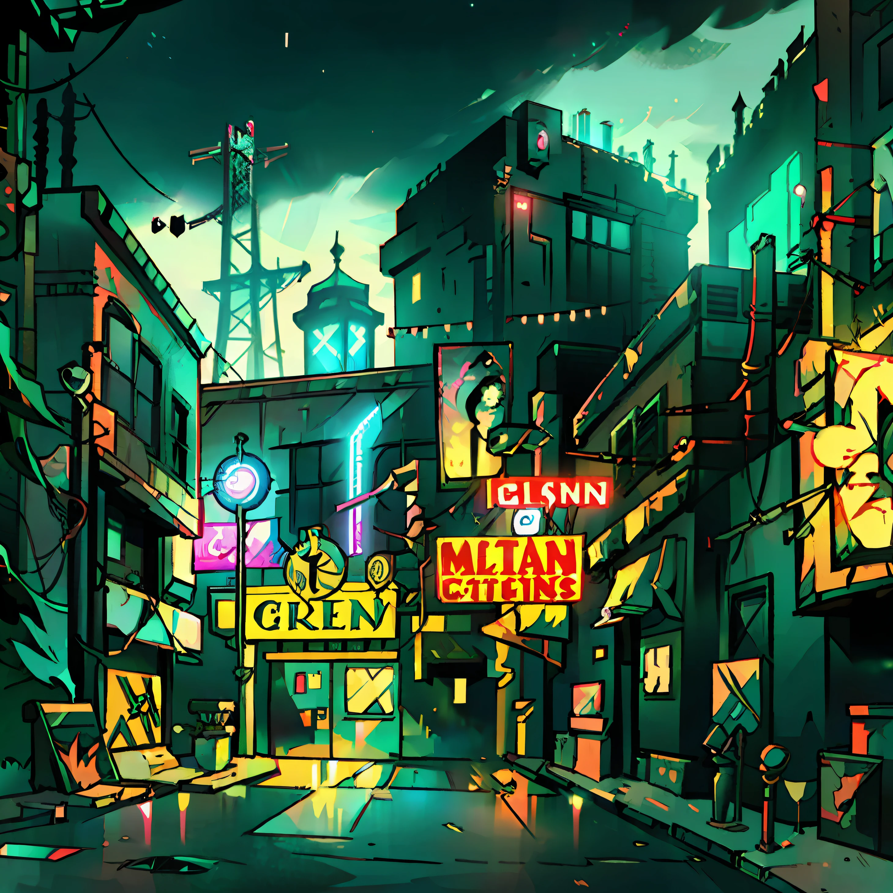 Illustration einer Cyberpunk-Stadtlandschaft bei Nacht mit Wolkenkratzern, Neonlichter, Werbetafeln, Autos, Theaterzelt, & elektrische Kabel. Retro-Videospiel Pixelart City. [Science-Fiction, Fantasie, historisch]