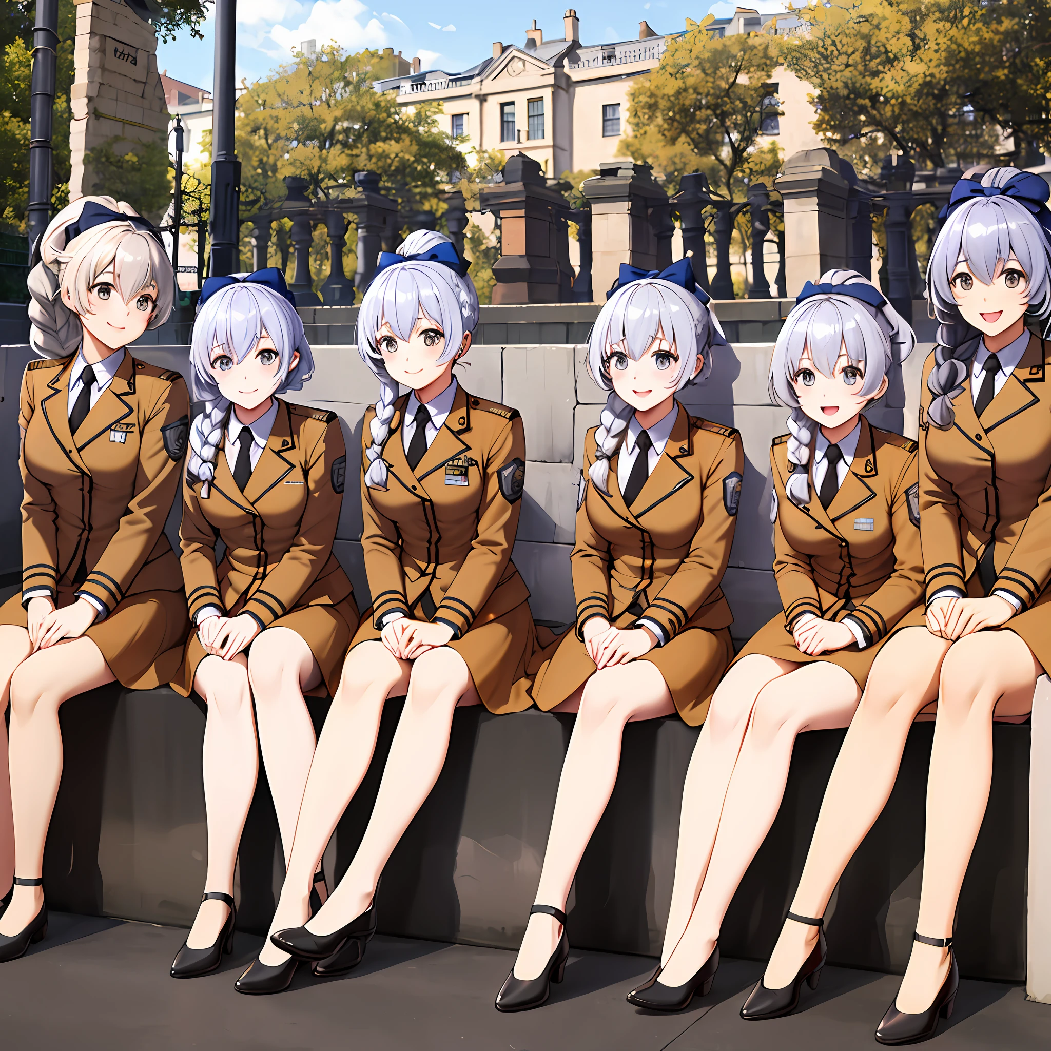 masterpiece, best quality, highres, +100girls, group, sisters, military uniform, matching outfits, braided ponytail, single braid, grey eyes, grey hair, black necktie, blue bow, brown skirt, smile, outdoors,  standing