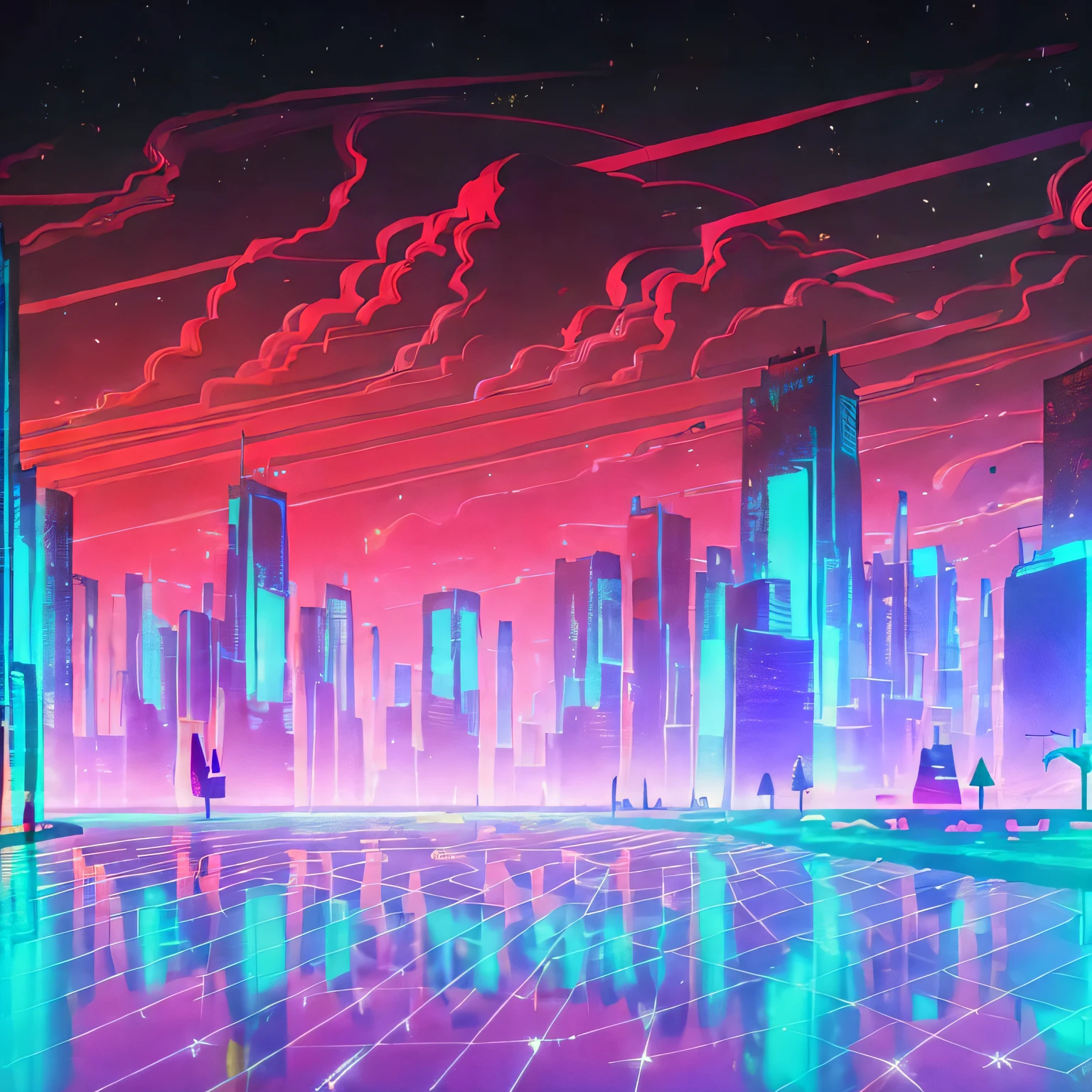 Ilustração em pixel art de uma paisagem urbana cyberpunk à noite com arranha-céus, luzes de neon, outdoors, carros, Marquise de Teatro, & Fios elétricos. Videogame retrô Pixelart City. [Sci-Fi, fantasia, histórico]