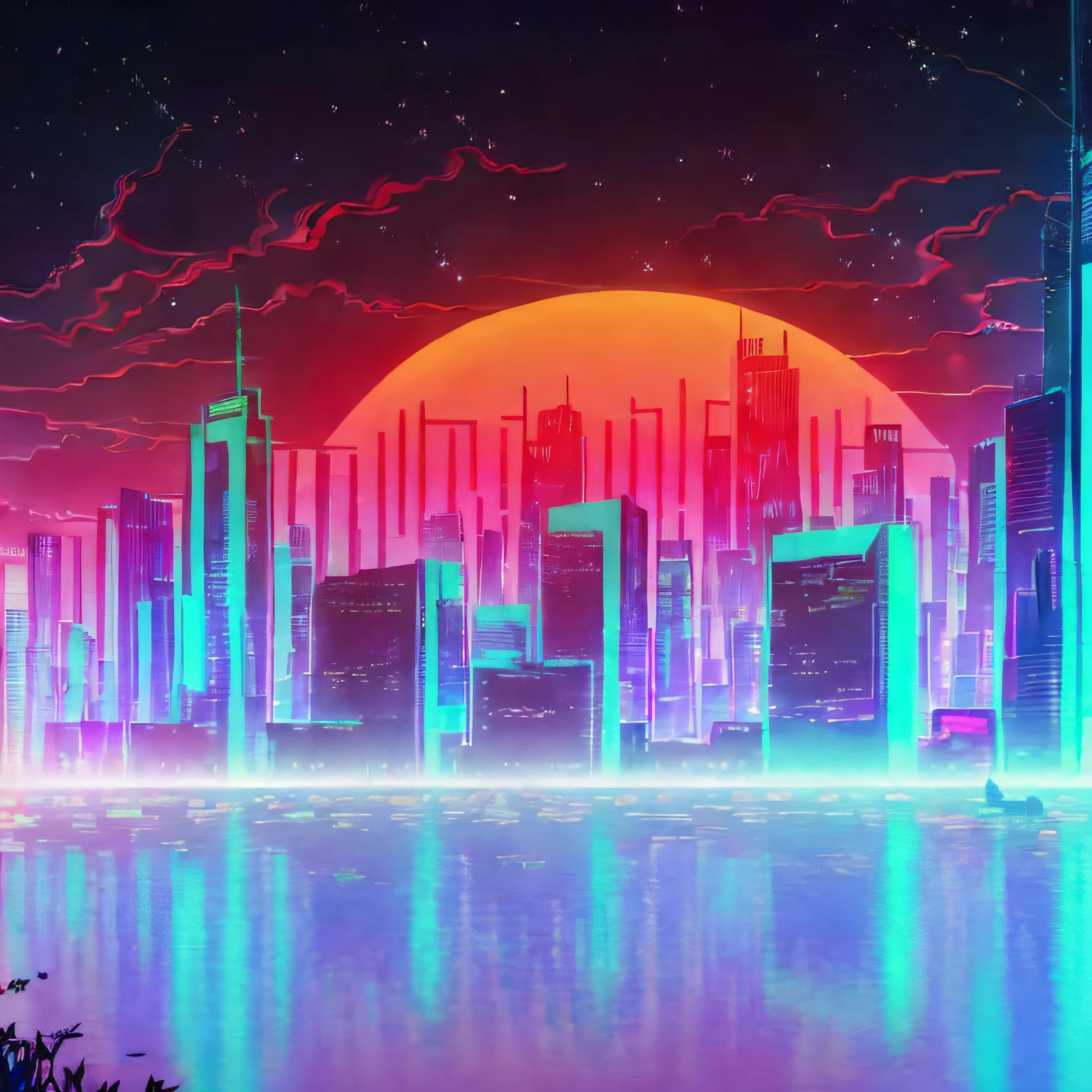 Pixel Art Illustration d&#39;un paysage urbain Cyberpunk la nuit avec des gratte-ciel, néons, panneaux d&#39;affichage, voitures, Chapiteau de théâtre, & fils électriques. Jeu Vidéo Rétro Pixelart City. [science-fiction, fantaisie, Historique]