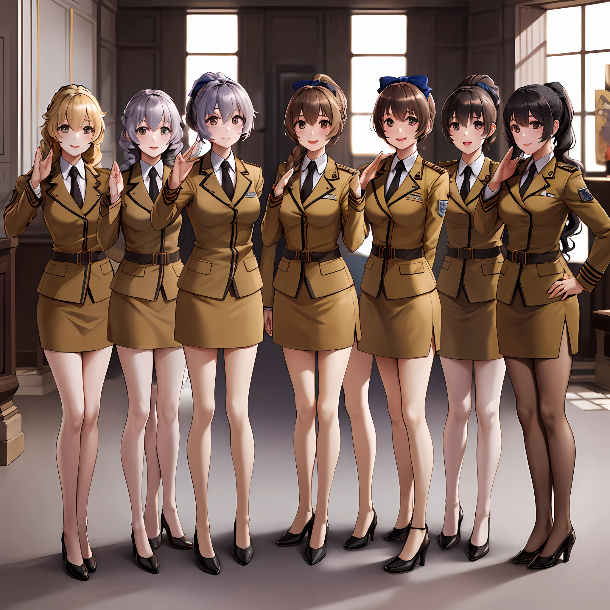 masterpiece, best quality, highres, 100+girls, crowd, identical sisters, clones, military uniform, matching outfits, long hair, curly hair, ponytail, matching hairstyle, hazel eyes, brown hair, black necktie, blue bow, brown skirt, salute, smile, indoors, cowboy shot, full body, bare legs, black high heels