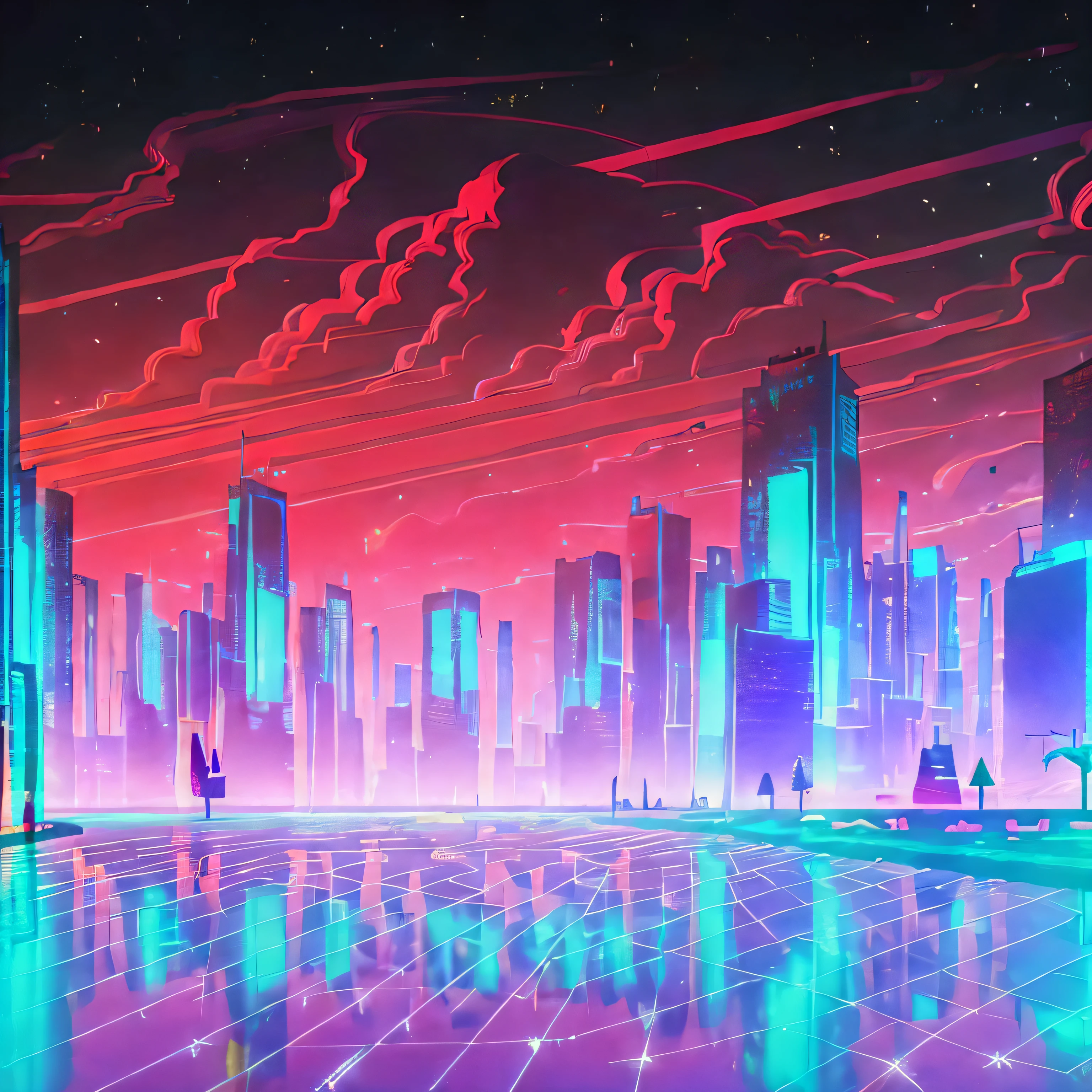 Pixel-Art-Illustration einer Cyberpunk-Stadtlandschaft bei Nacht mit Wolkenkratzern, Neonlichter, Werbetafeln, Autos, Theaterzelt, & elektrische Kabel. Retro-Videospiel Pixelart City. [Science-Fiction, Fantasie, historisch]