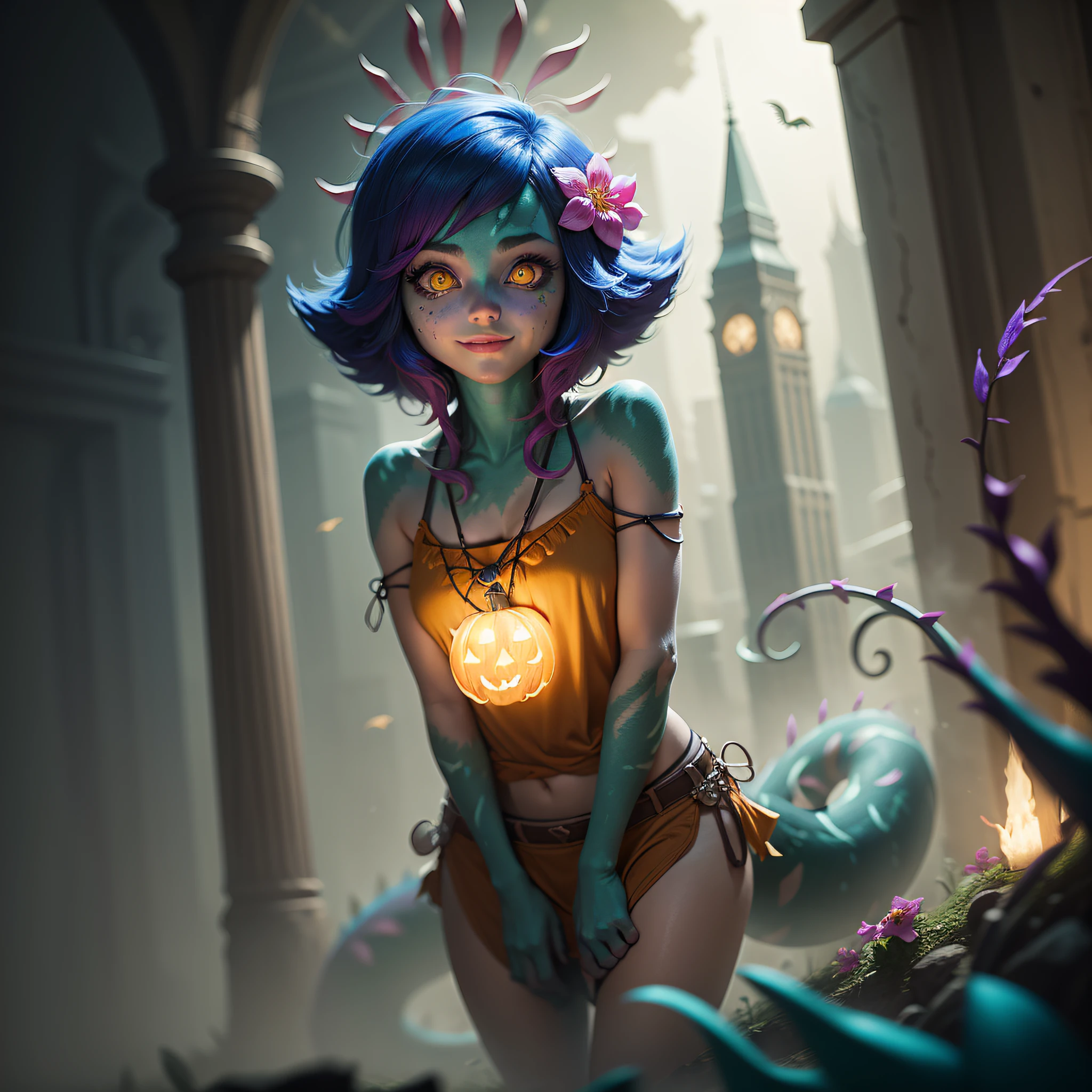 night, stylized, a city covered ruins shrouded in mist, cinematic lighting, dynamic angle, floating, off center, neeko, pink flower on head,purple flower,purple thorn on head, bright blue frog, yellowish top, (small human, reptile tail), halloween, mini short short, mini brown short, very large eyes, (orange eyes, bright eyes, yellow sclera), beautiful smile,  short hair, wavy hair, blue and pink hair.