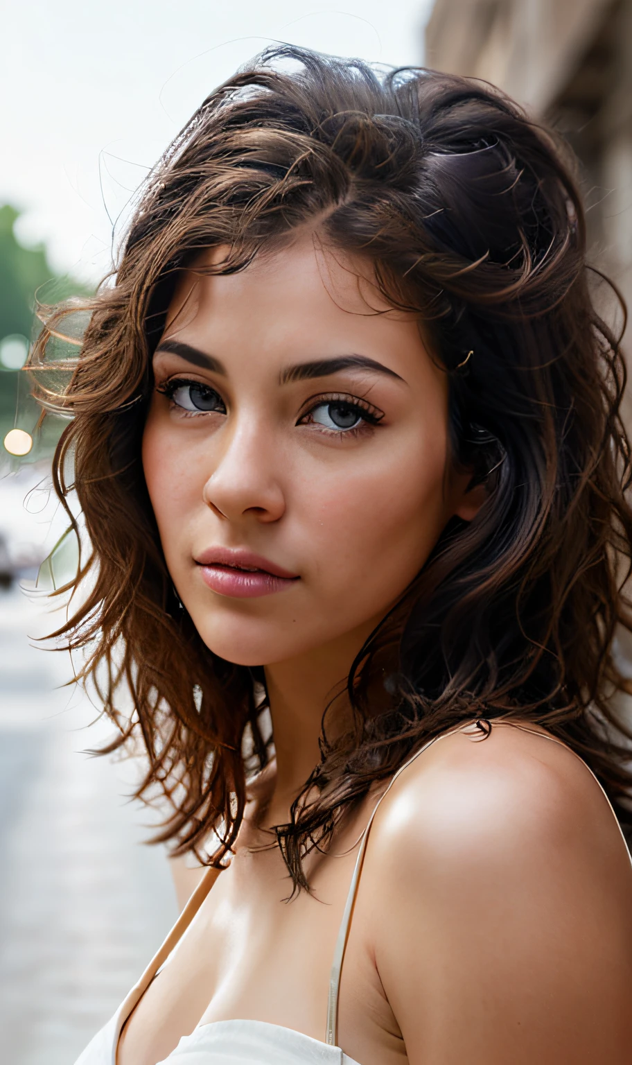 , A stunning colorful bust portrait of (woman: 1), (detailed face, complex details, slightly sexy expression, looking to the side, brown eyes open) wearing a white dress shirt, epic character composition, sharp focus, natural lighting, subsurface scattering, f2, 35mm, film grain