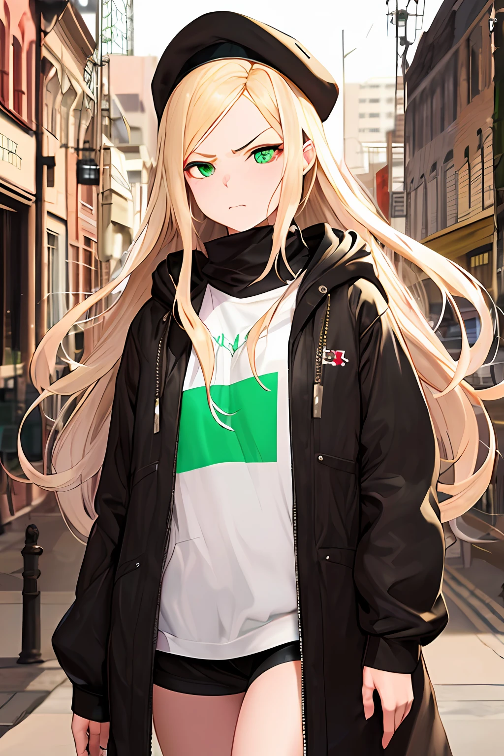 masterpiece, best quality, highres, hmnl, long blonde hair, green eyes, long hair, ahoge, long baggy hoodie, street, walking, cowboy shot, flat chested, angry, adult woman, melancholy lighting, beautiful and delicate face, fair skin, perfect and well designed eyes