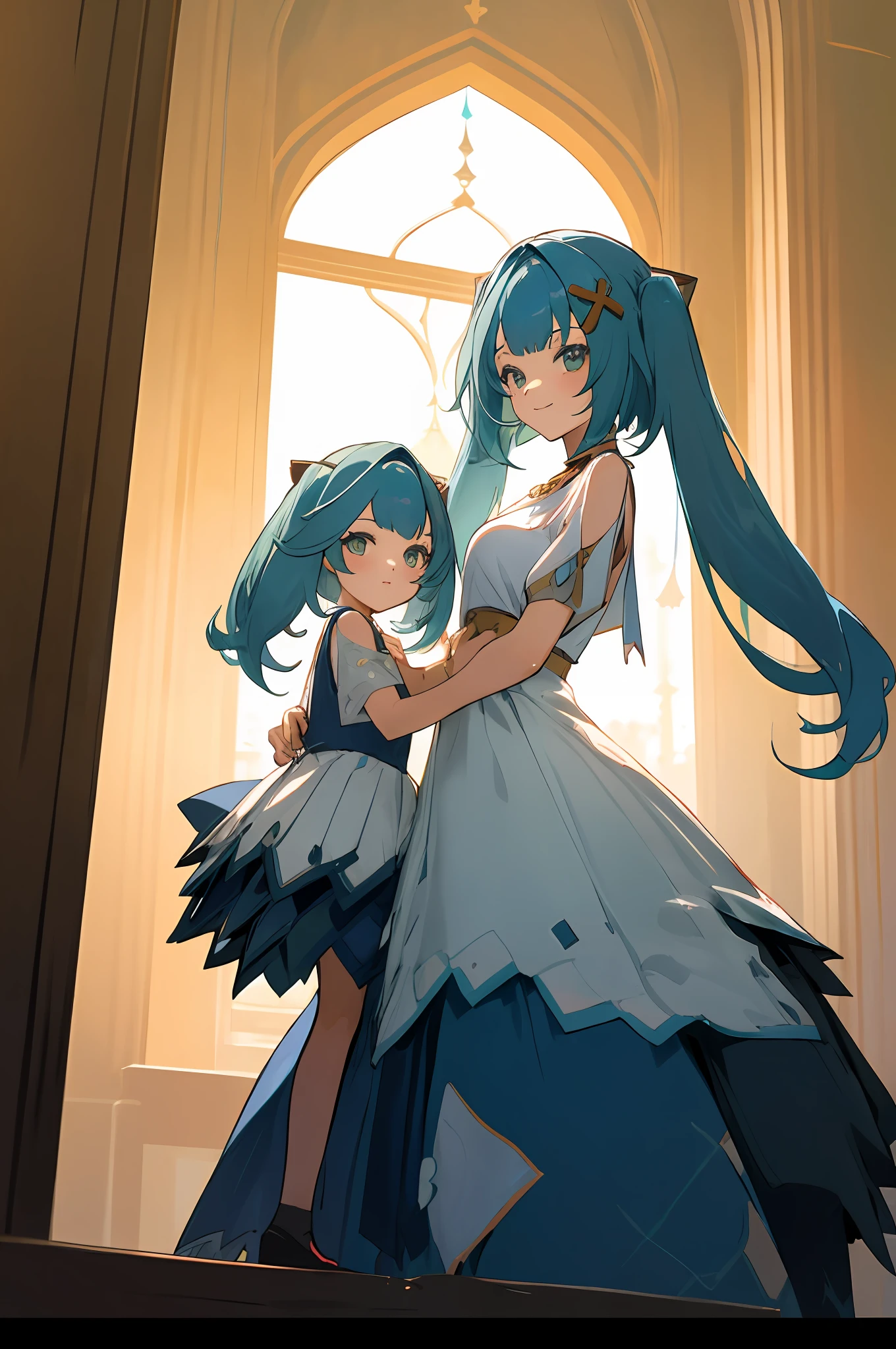 imagem de anime de duas mulheres vestidas posando para uma foto como roupas de laboratório árabe no verão, linda decoração no vestido, palácio uma menina no palácio,cabelo longo, cabelo azul , twintails, ilustração de fantasia de anime, do videogame azur lane, genshin, arte detalhada faruzan, duas lindas garotas de anime, mãe e filho, símbolo do amor materno, mãe e filho, such as photos of mãe e filho, sorriso, máquina laboratory, ruin, robotic máquina, máquina, Ruin Guard