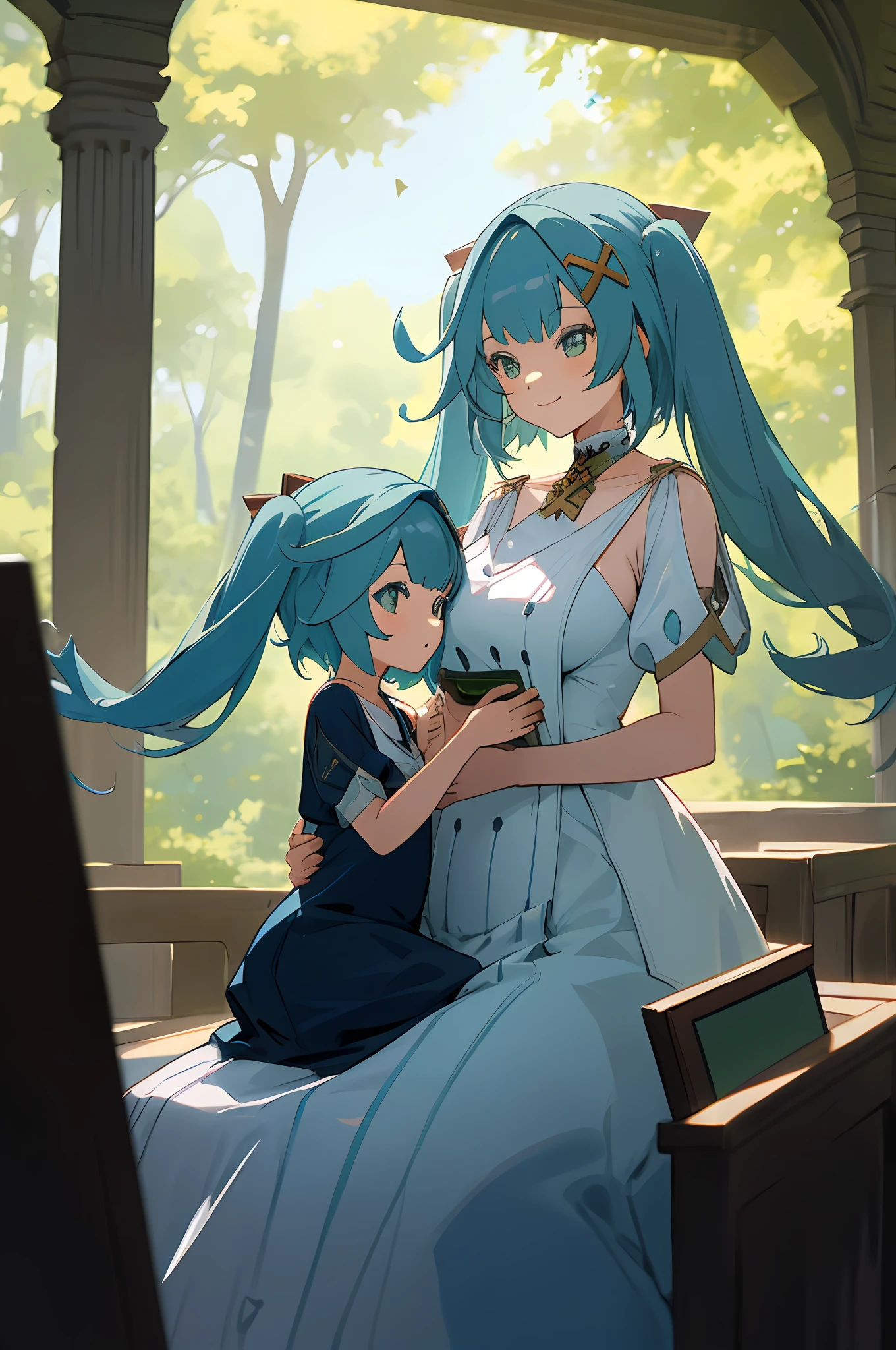 Imagen anime de dos mujeres vestidas con un vestido posando para una foto como ropa de laboratorio árabe en verano., hermosa decoración en el vestido, palacio una chica en palacio,pelo largo, pelo azul , dos colas, ilustración de fantasía de anime, del videojuego azur lane, genshin, Arte detallado de Faruzan, dos hermosas chicas anime, madre e hijo, símbolo del amor maternal, madre e hijo, such as photos of madre e hijo, sonrisa, Sentado en medio del bosque, ruina, robotic máquina, máquina, libro al lado