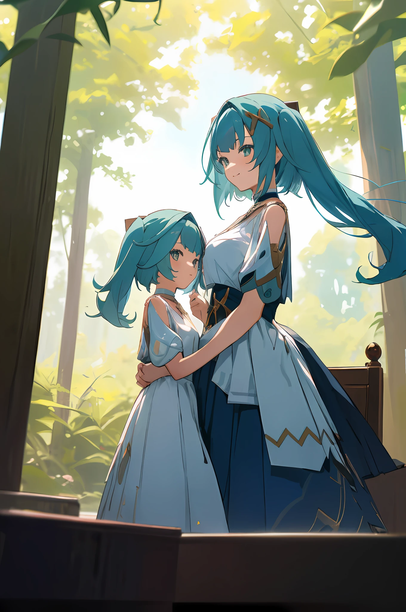 Imagen anime de dos mujeres vestidas con un vestido posando para una foto como ropa de laboratorio árabe en verano., hermosa decoración en el vestido, palacio una chica en palacio,pelo largo, pelo azul , dos colas, ilustración de fantasía de anime, del videojuego azur lane, genshin, Arte detallado de Faruzan, dos hermosas chicas anime, madre e hijo, símbolo del amor maternal, madre e hijo, such as photos of madre e hijo, sonrisa, Sentado en medio del bosque, ruina, robotic máquina, máquina, libro al lado