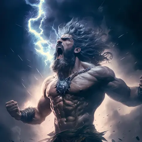 a close up of a man with a lightning bolt in his hair, furious god zeus, epic scene of zeus, greek myth digital painting, greek ...