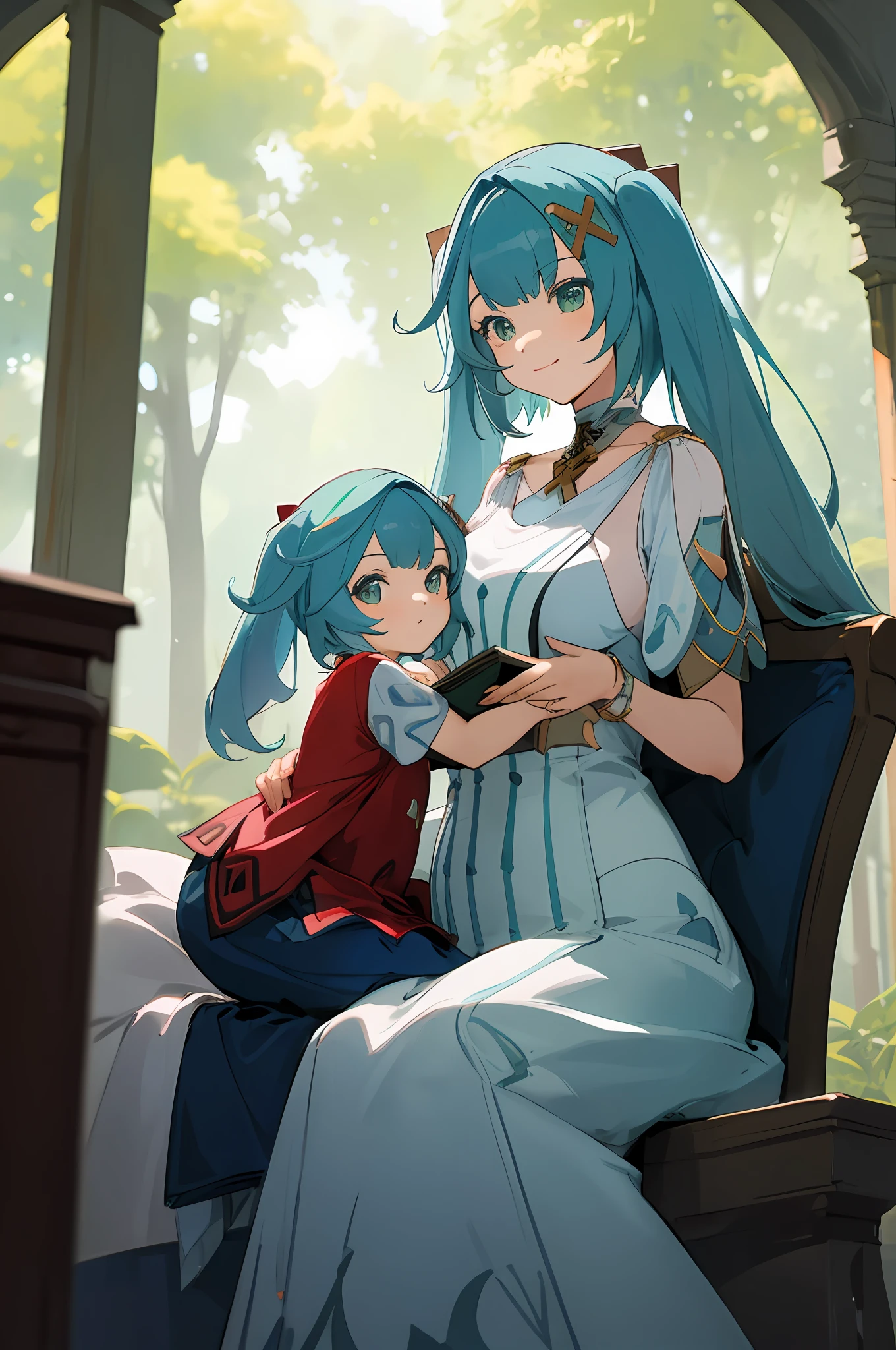 imagem de anime de duas mulheres vestidas posando para uma foto como roupas de laboratório árabe no verão, linda decoração no vestido, palácio uma menina no palácio,cabelo longo, cabelo azul , twintails, ilustração de fantasia de anime, do videogame azur lane, genshin, arte detalhada faruzan, duas lindas garotas de anime, mãe e filho, símbolo do amor materno, mãe e filho, such as photos of mãe e filho, sorriso, sentado no meio da floresta, ruin, robotic máquina, máquina, livro ao lado