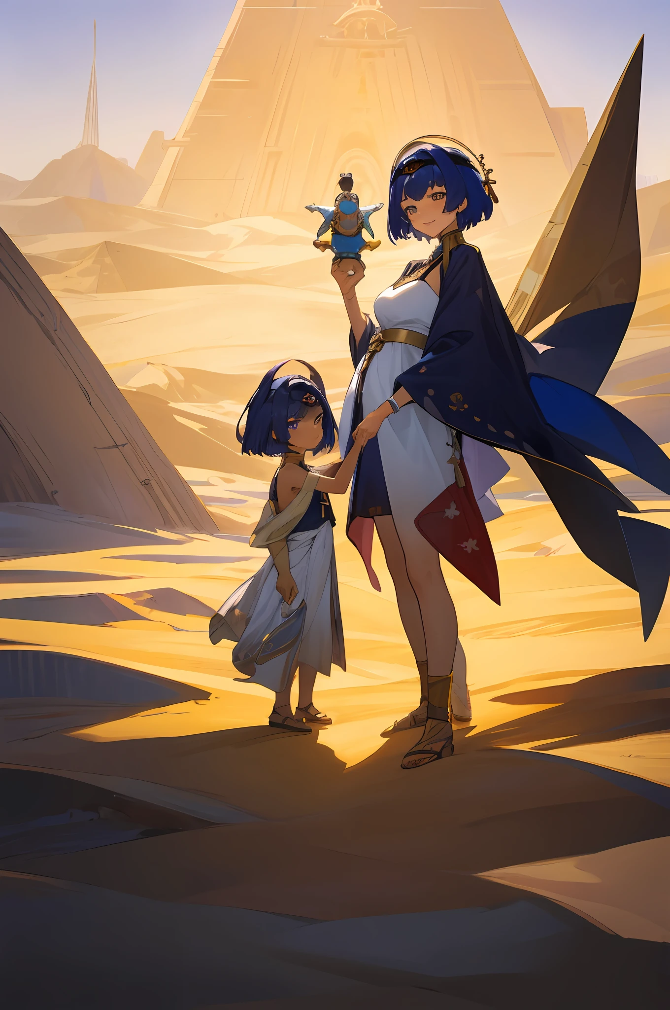 anime image of two women dressed in dress posing for a picture like egyptian desert clothes in summer, beautiful decoration on dress, palace a girl in palace,short hair, blue haired , anime fantasy illustration, from the azur lane videogame, genshin, cabdace detailed art, two beautiful anime girls, mother and child, symbol of maternal love, mother and child, such as photos of mother and child, smile, desert palace, pyramid