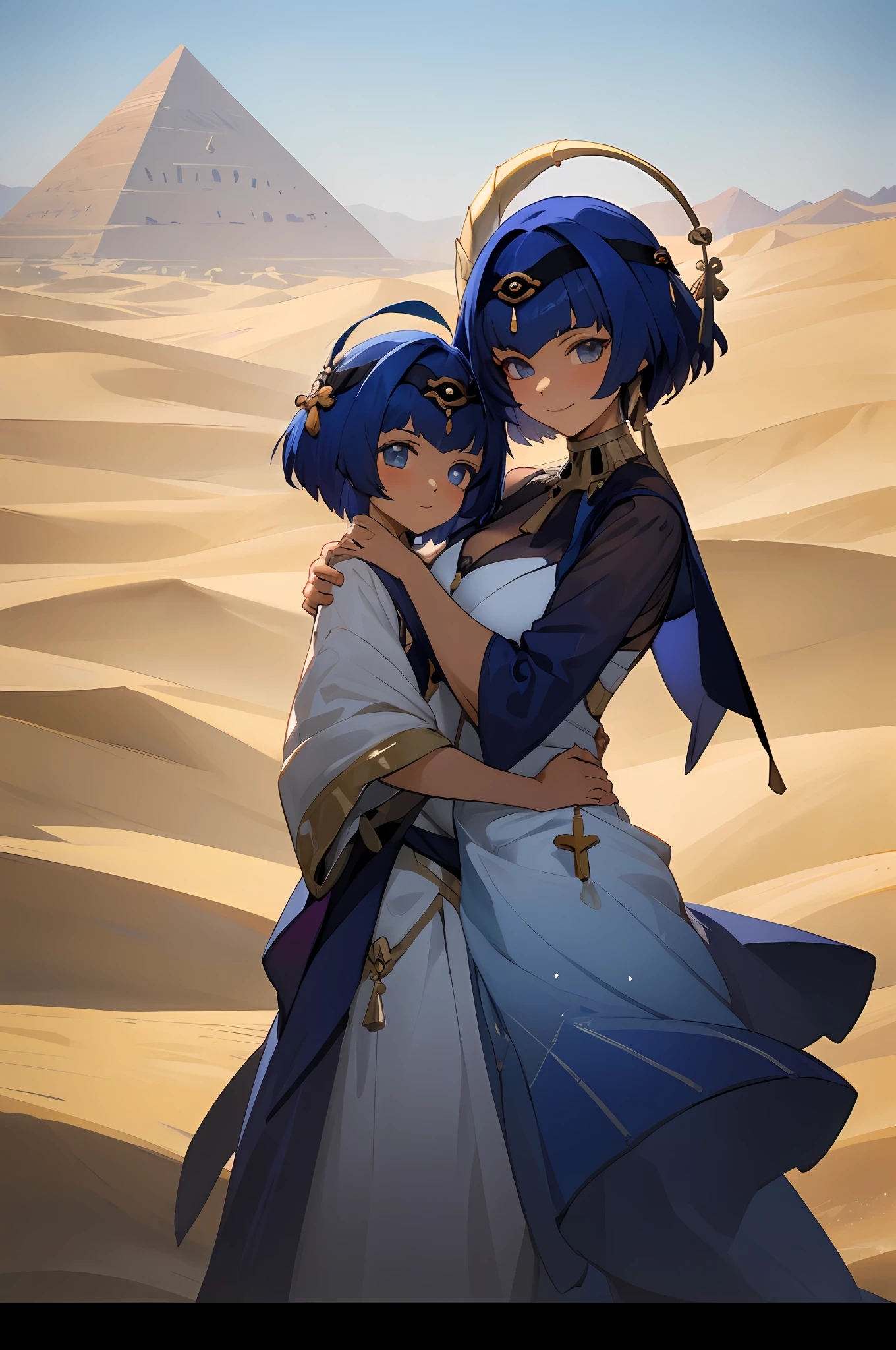 anime image of two women dressed in dress posing for a picture like egyptian desert clothes in summer, beautiful decoration on dress, palace a girl in palace,short hair, blue haired , anime fantasy illustration, from the azur lane videogame, genshin, cabdace detailed art, two beautiful anime girls, mother and child, symbol of maternal love, mother and child, such as photos of mother and child, smile, desert palace, pyramid