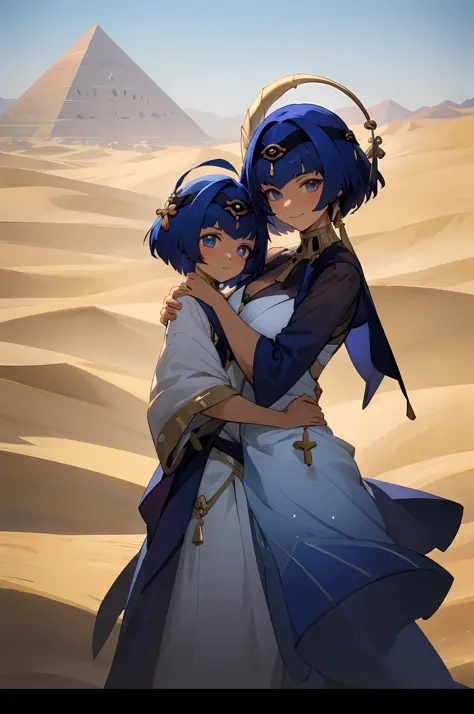 anime image of two women dressed in dress posing for a picture like egyptian desert clothes in summer, beautiful decoration on d...