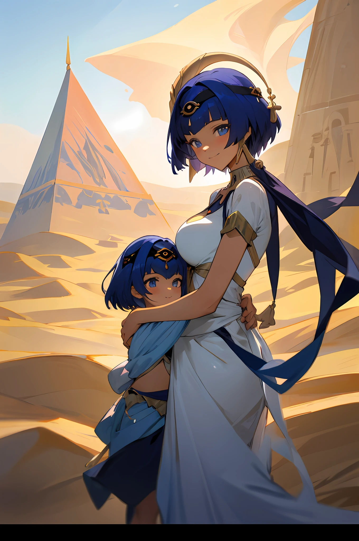 imagem de anime de duas mulheres vestidas posando para uma foto como roupas do deserto egípcio no verão, linda decoração no vestido, palácio uma menina no palácio,cabelo curto, cabelo azul , ilustração de fantasia de anime, do videogame azur lane, genshin, arte detalhada de cabdace, duas lindas garotas de anime, mãe e filho, símbolo do amor materno, mãe e filho, such as photos of mãe e filho, sorriso, palácio do deserto, pirâmide