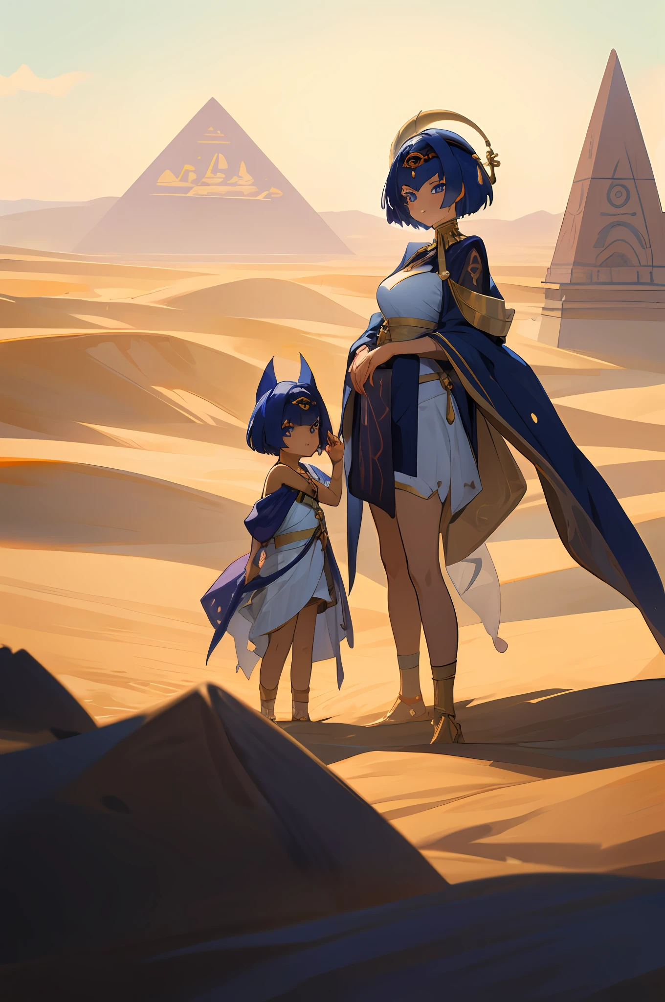 imagem de anime de duas mulheres vestidas posando para uma foto como roupas do deserto egípcio no verão, linda decoração no vestido, palácio uma menina no palácio,cabelo curto, cabelo azul , ilustração de fantasia de anime, do videogame azur lane, genshin, arte detalhada de cabdace, duas lindas garotas de anime, mãe e filho, símbolo do amor materno, mãe e filho, such as photos of mãe e filho, sorriso, palácio do deserto, pirâmide, 1 olhos azuis mais 1 cor dourada