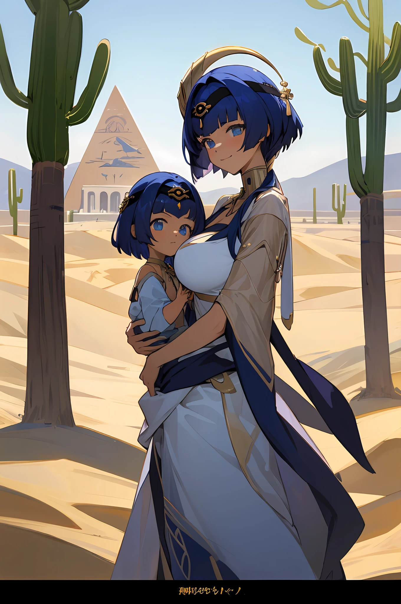 anime image of two women dressed in dress posing for a picture like egyptian desert clothes in summer, beautiful decoration on dress, palace a girl in palace,short hair, blue haired , anime fantasy illustration, from the azur lane videogame, genshin, cabdace detailed art, two beautiful anime girls, mother and child, symbol of maternal love, mother and child, such as photos of mother and child, smile, desert palace, pyramid, 1 blue eyes 1 more golden color, flowering cactus tree