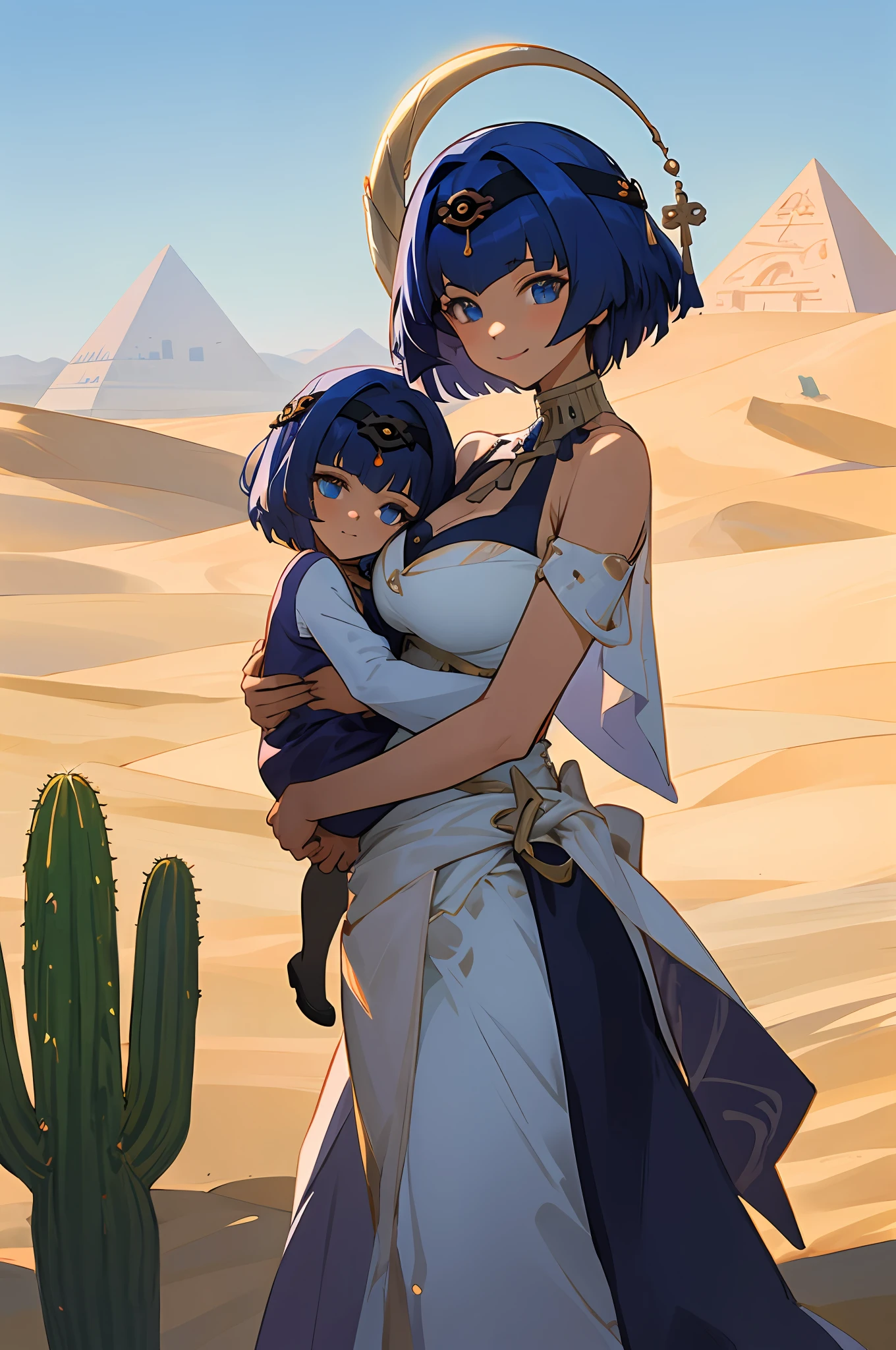 anime image of two women dressed in dress posing for a picture like egyptian desert clothes in summer, beautiful decoration on dress, palace a girl in palace,short hair, blue haired , anime fantasy illustration, from the azur lane videogame, genshin, cabdace detailed art, two beautiful anime girls, mother and child, symbol of maternal love, mother and child, such as photos of mother and child, smile, desert palace, pyramid, 1 blue eyes 1 more golden color, flowering cactus