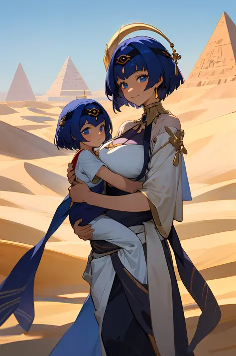 anime image of two women dressed in dress posing for a picture like egyptian desert clothes in summer, beautiful decoration on d...
