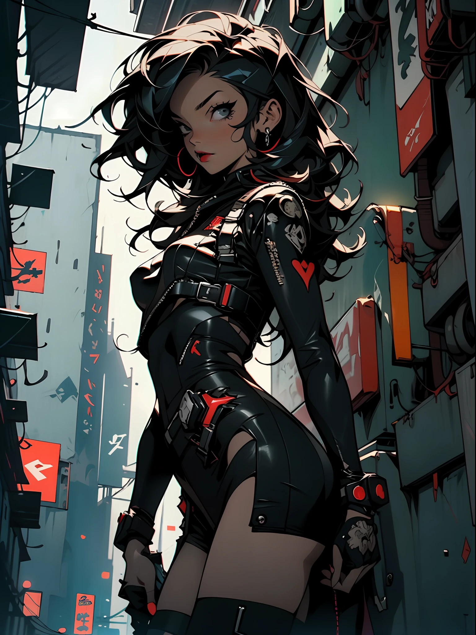 ((Best quality)), ((masterpiece)), (highly detailed:1.3), 3D, black woman goddess (cyberpunk:1.3), woman dressed as sexy one-piece maid, long black hair looking at camera, nsfw