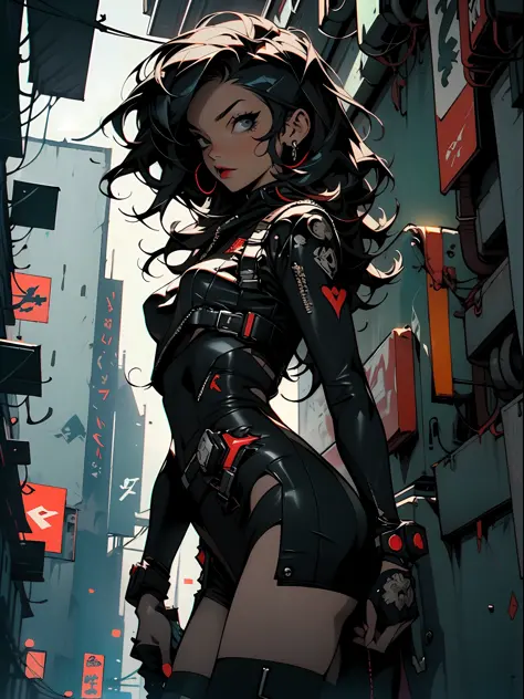 ((Best quality)), ((masterpiece)), (highly detailed:1.3), 3D, black woman goddess (cyberpunk:1.3), woman dressed as sexy one-pie...