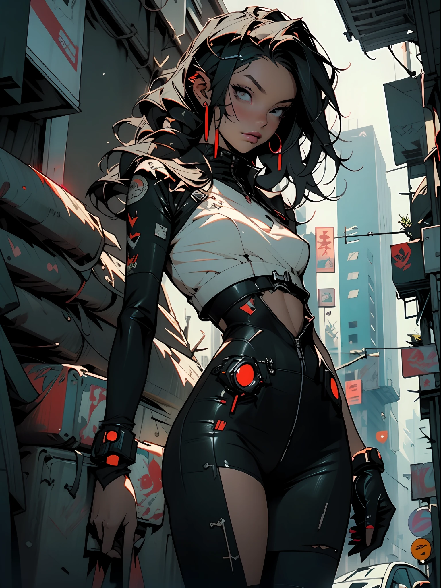 ((Best quality)), ((masterpiece)), (highly detailed:1.3), 3D, black woman goddess (cyberpunk:1.3), woman dressed as sexy one-piece maid, long black hair looking at camera, nsfw