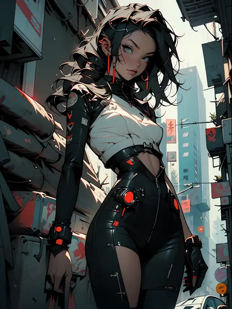 ((best quality)), ((masterpiece)), (highly detailed:1.3), 3d, black woman goddess (cyberpunk:1.3), woman dressed as sexy one-pie...