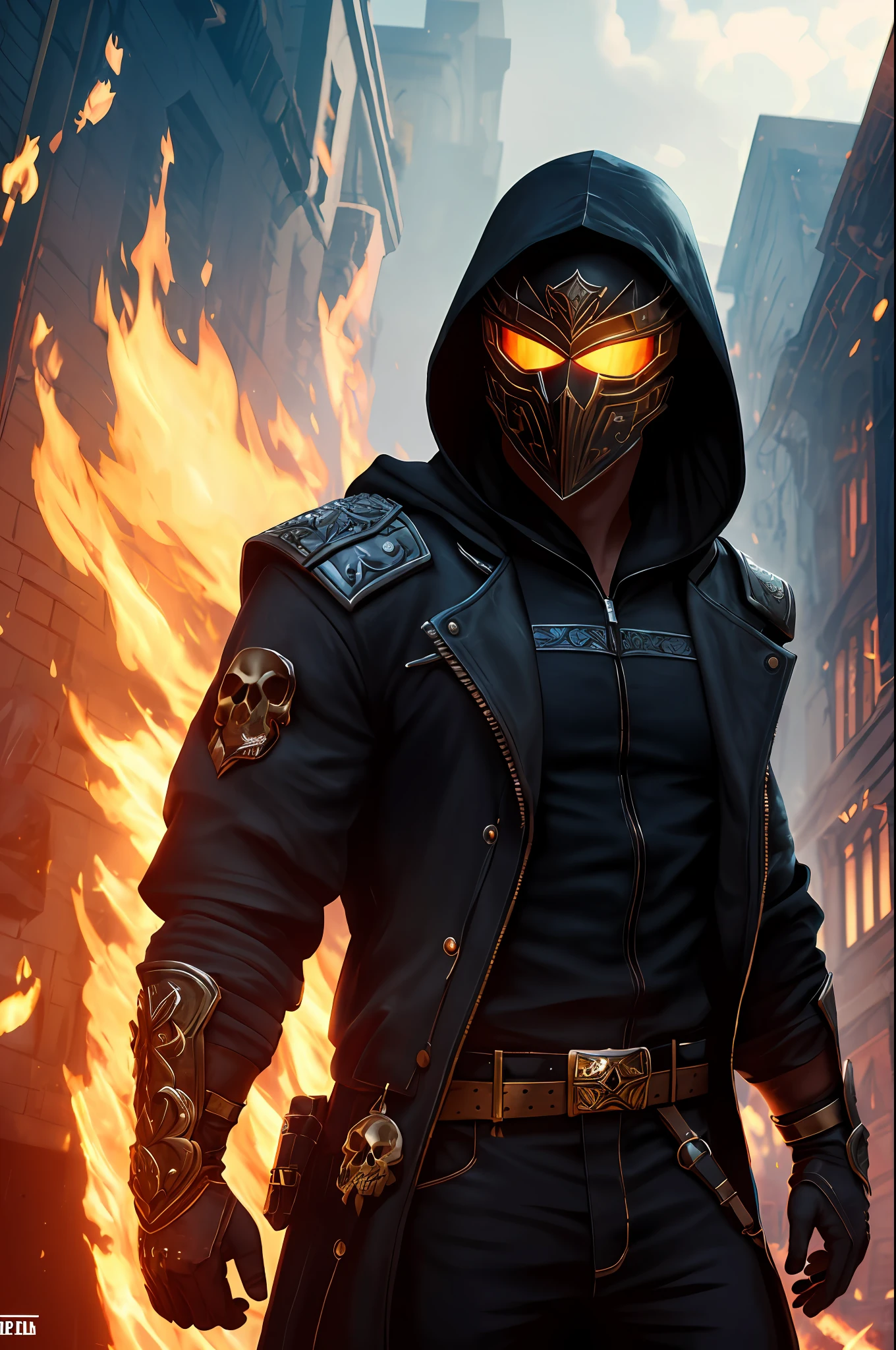 masterpiece, best quality, high quality, (highly detailed CG illustration), solo, blue eyes, 1boy, upper body, male focus, skull, hood, mask, glowing, fire, black background, gauntlets, cloak, 1other, hood up,  lens flare, light Shafts, intricate details, very detailed, volumetric lighting, 4k rendering, gorgeous and beautiful reflections, hyper realistic, realistic textures, dramatic lighting, Unreal Engine