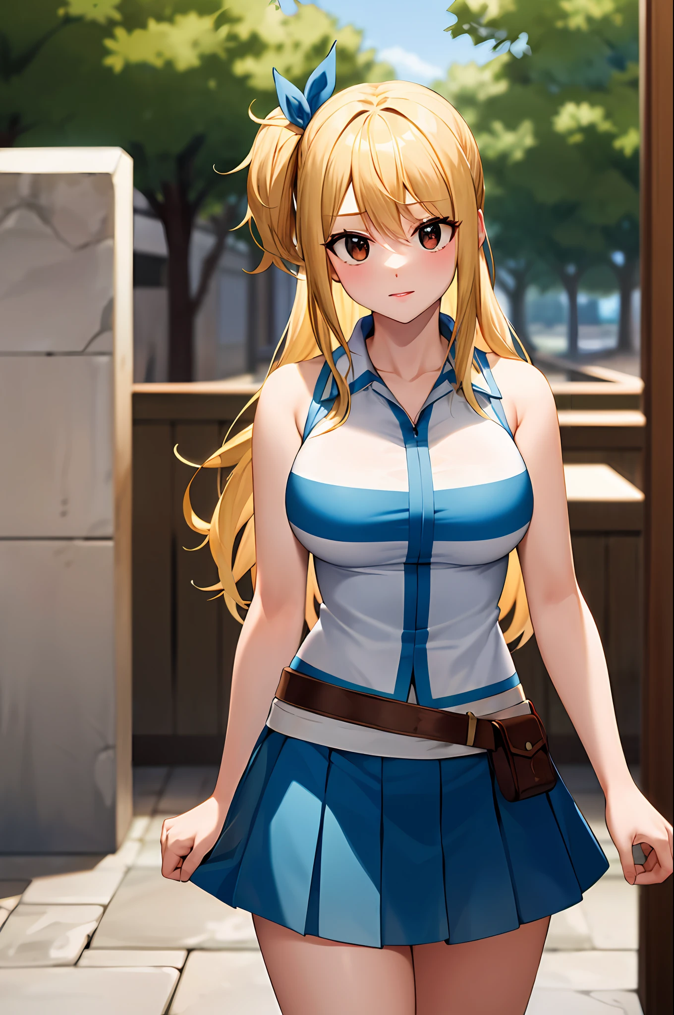 masterpiece, best quality, highres, lucy heartfilia, blonde hair, long hair, large breasts, white shirt, sleeveless, belt, blue skirt, cowboy shot, standing, looking at viewer, outdoors