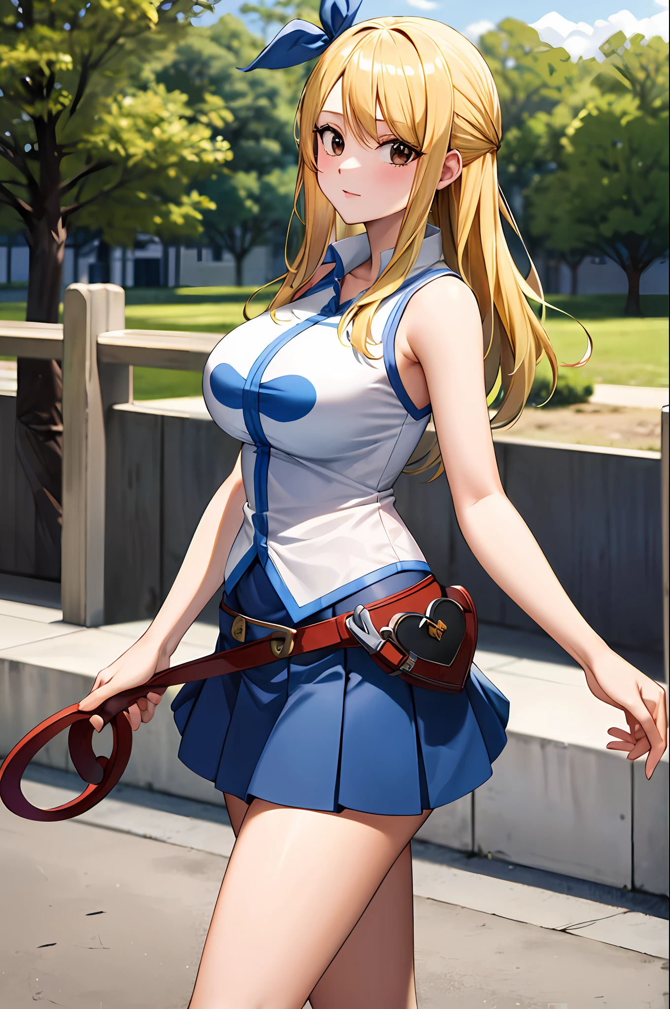 Anime girl in a blue and white uniform holding a red leash - SeaArt AI