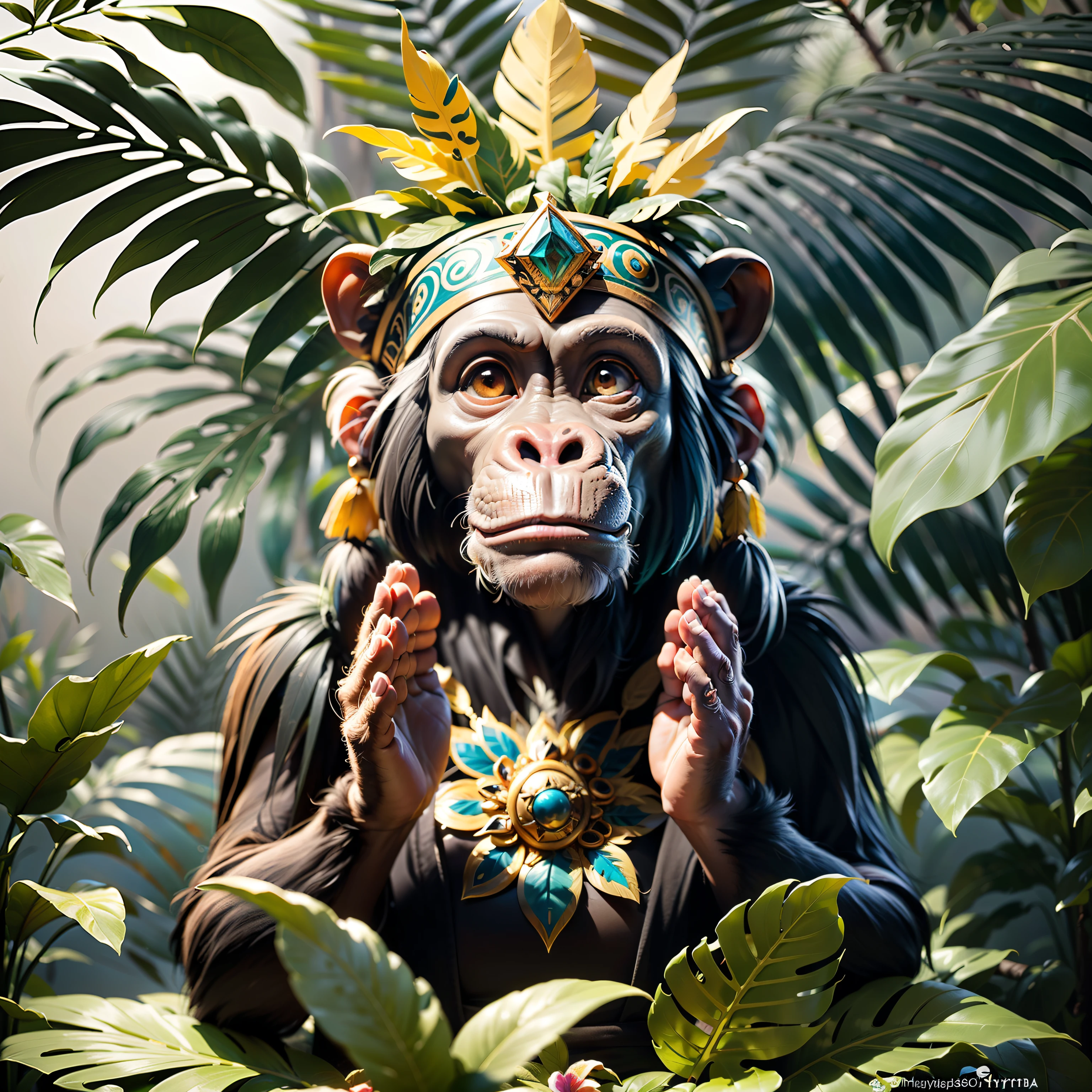 Chimpanzee ((indigenous),, ((with praying hands)),, chimpanzee hands, hair with details, with indigenous headdress on the head, ((meditating)) colorful feathers, facing the camera, detail: dense tropical foliage, highly detailed intricate, ((masterpiece)), ultra hyperrealistic, masterpiece