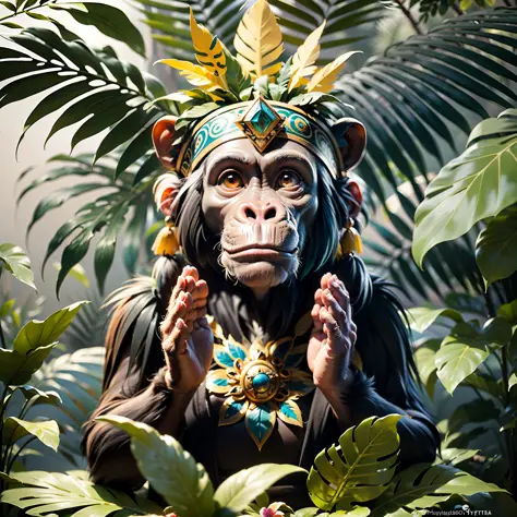 Chimpanzee ((indigenous),, ((with praying hands)),, chimpanzee hands, hair with details, with indigenous headdress on the head, ...