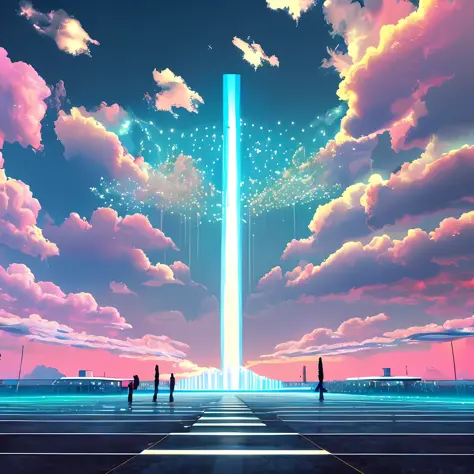 heaven if it were cyberpunk, volumetric, neon, clouds, bright lights, angelic, beautiful scenery