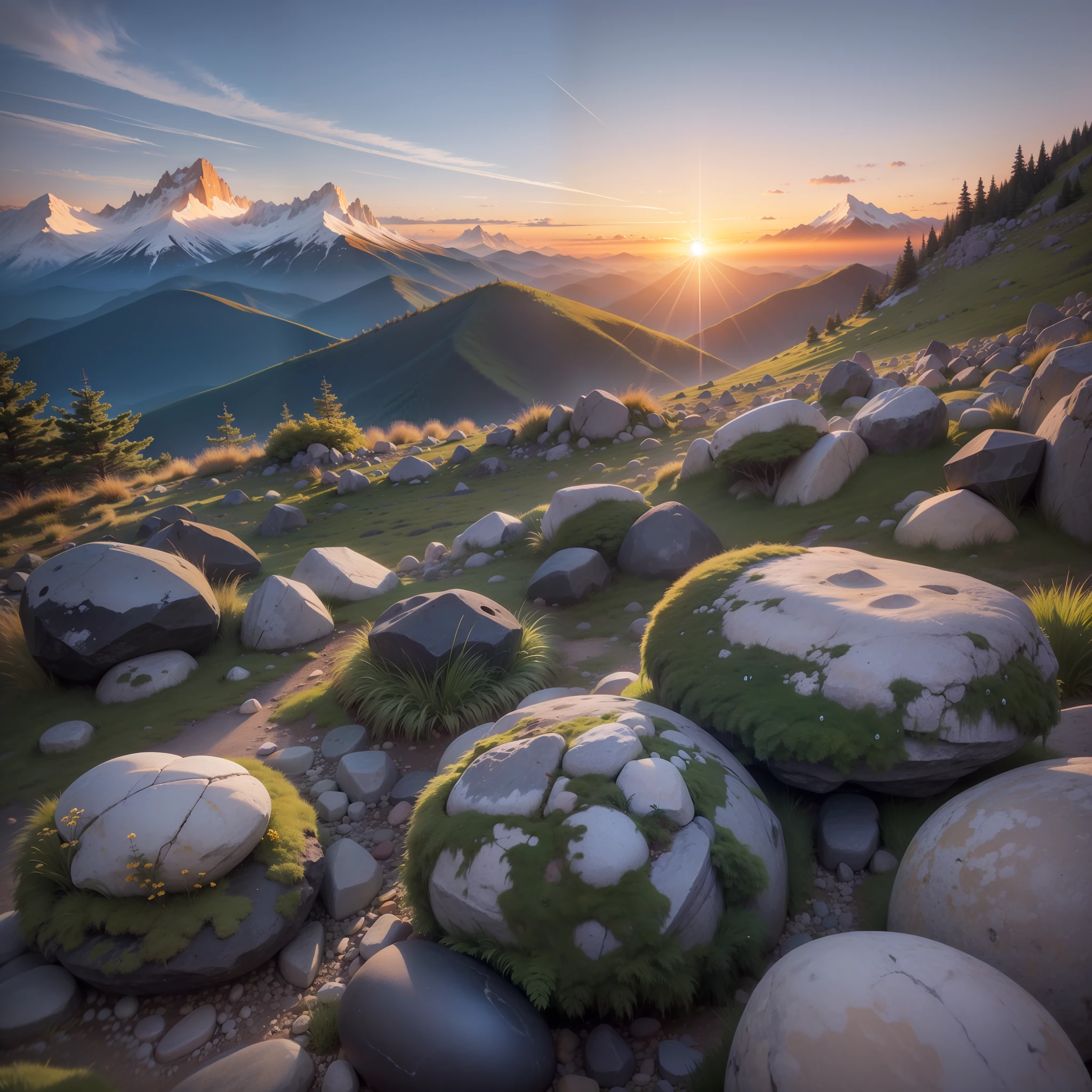 Mountains and stones, sunset