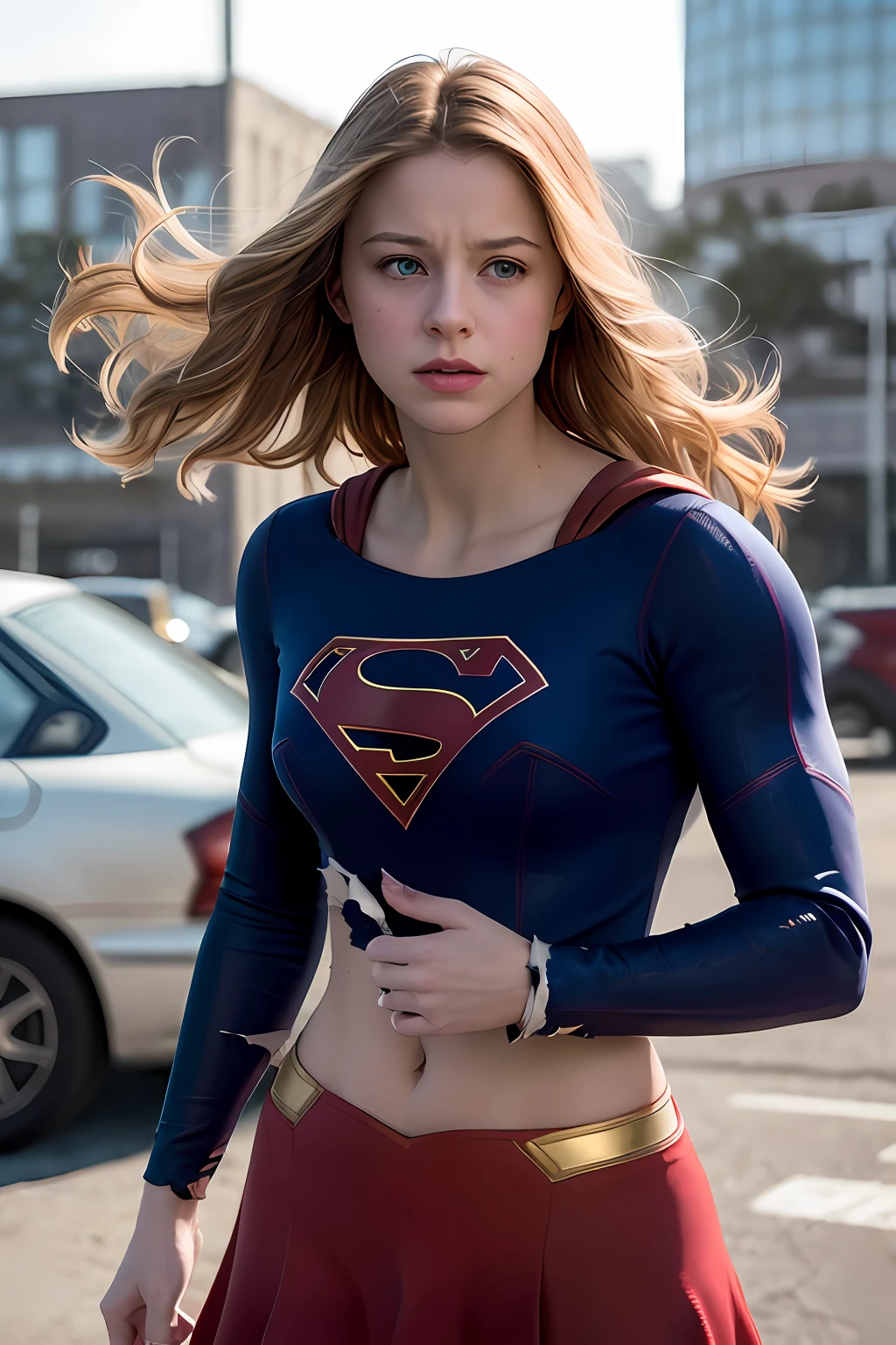 melissa Benoist, 8k, best quality, real image, intricate detail, ultra-detail, ultra-high resolution, depth field, (realistic, realistic: 1.2), masterpiece, photo 1girl, supergirl, injured, superhero, realistic, torn clothes, red kimono, (dirty, bruised, blood: 1.3), blue eyes, blonde, long hair, serious, angry, solo, (exposed torn clothes, torn clothes: 1.3), ruined city background, best quality, realistic, Realism, (complex details: 1.2), (fine details), (movie light), clear lines, sharp focus, realistic face, detailed beautiful face