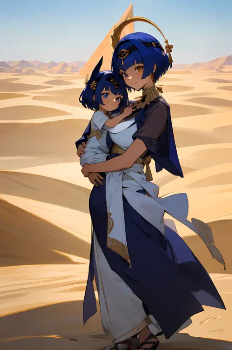 anime image of two women dressed in dress posing for a picture like egyptian desert clothes in summer, beautiful decoration on d...