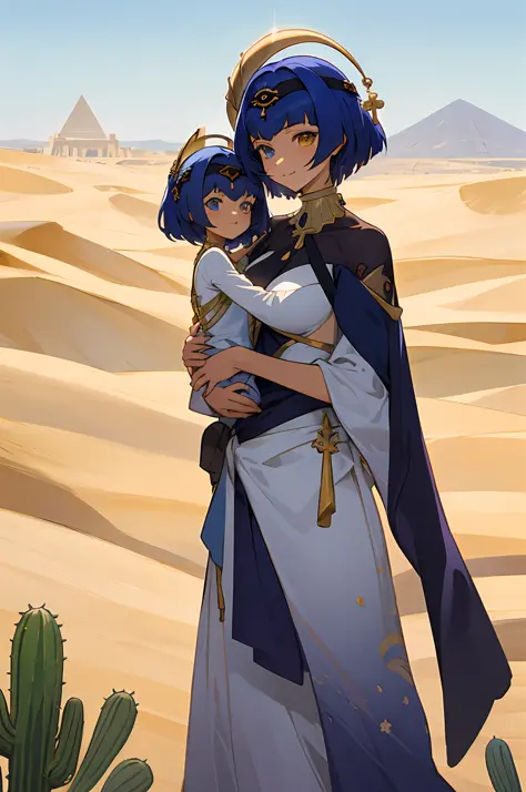 anime image of two women dressed in dress posing for a picture like egyptian desert clothes in summer, beautiful decoration on d...