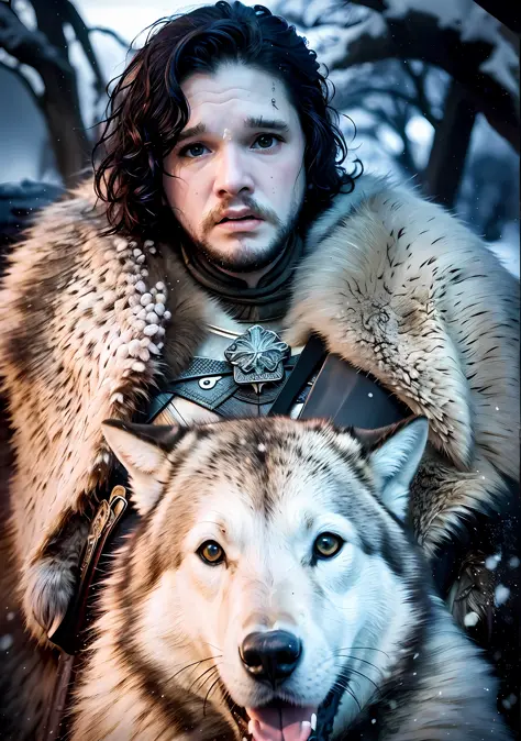 cinematic poster of jon snow holding a sword, accompanied by a white wolf, in the snow. (hdr: 1.4), (cinematic lighting: 1.4), m...