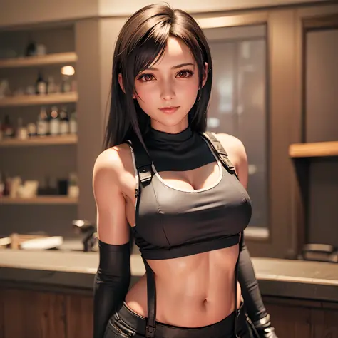 8k,masterpiece, bset quality,big, (1 girl), tifa lockhart, red_eyes, black hair, long hair, shiny skin, shiny big, ((best qualit...