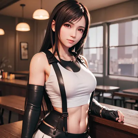 8k,masterpiece, bset quality,big, (1 girl), tifa lockhart, red_eyes, black hair, long hair, shiny skin, shiny big, ((best qualit...