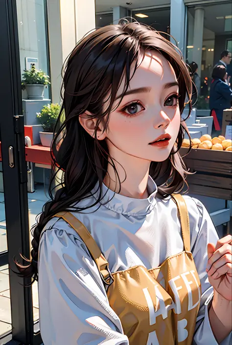 (8k, RAW photo, highly sensitive,  photorealistic:1.25) , kr-pny, twin braids, parted bangs, 1girl, A girl enjoys shopping while...