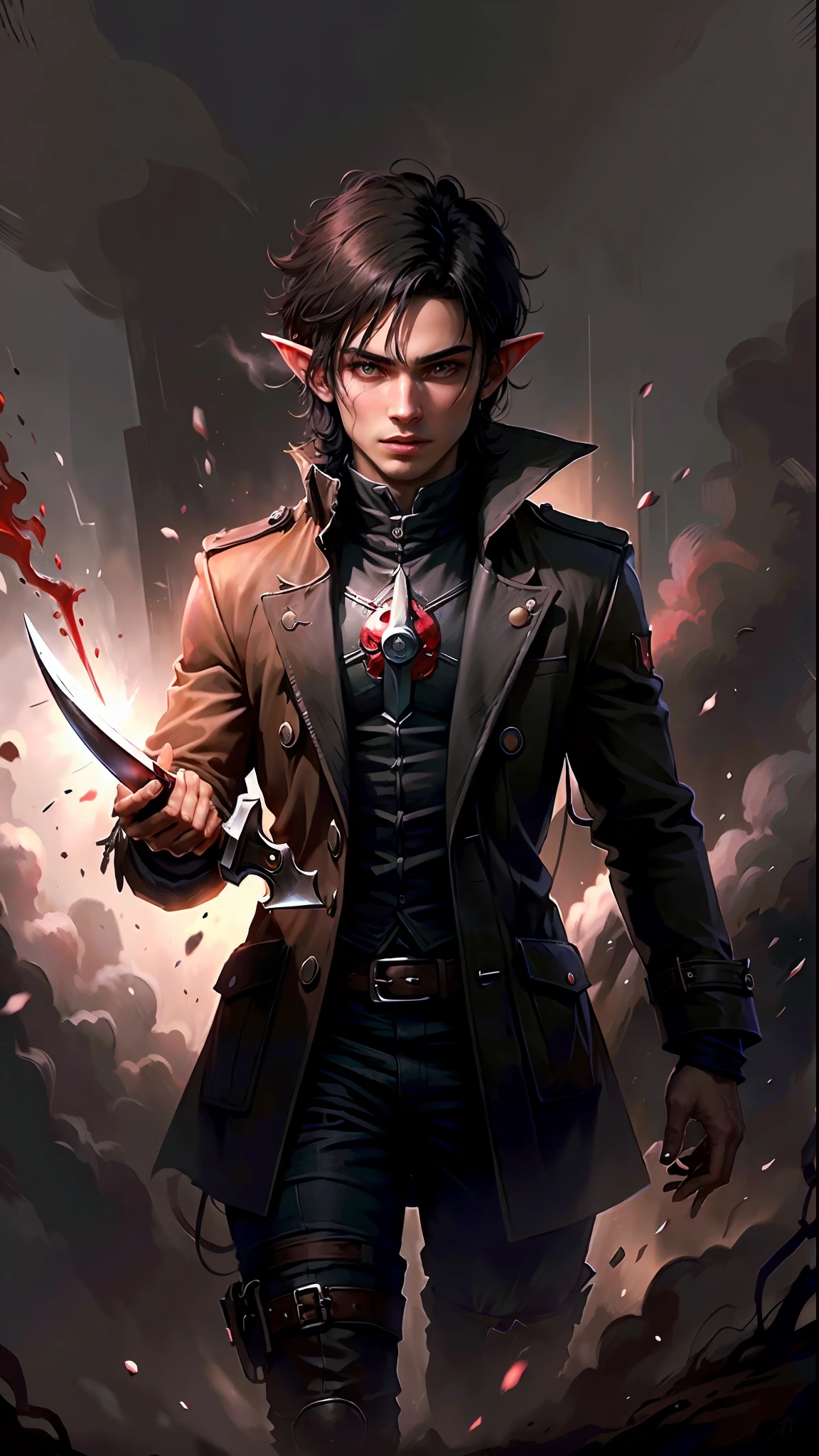 ultra detail, high resolution, ultra detailed, best quality, amazing, top quality, extremely detailed, dark boy, wizard, occultist, black hair, bangs, elf, holding a blood dagger, black overcoat