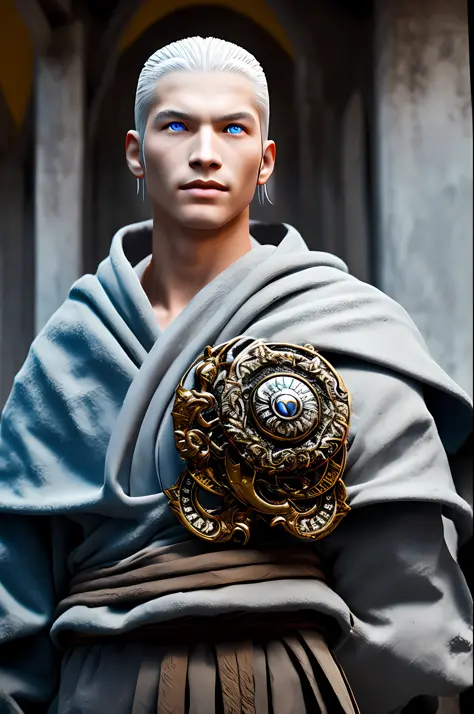 Young man, fighting monk, white skin, silver eyes, black hair, white halo