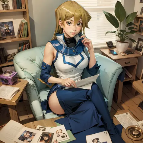 alexis rhodes sitting looking at the camera, top to bottom, holding yugioh's letter