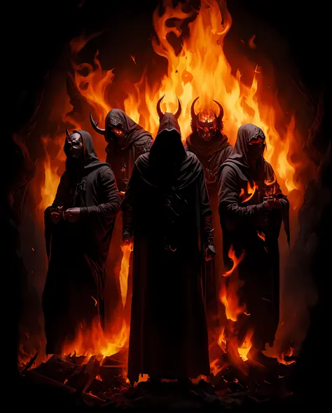 a group of men dressed in horned costumes standing in front of a fire, dark robes, the order of the burning shadow, demons of he...