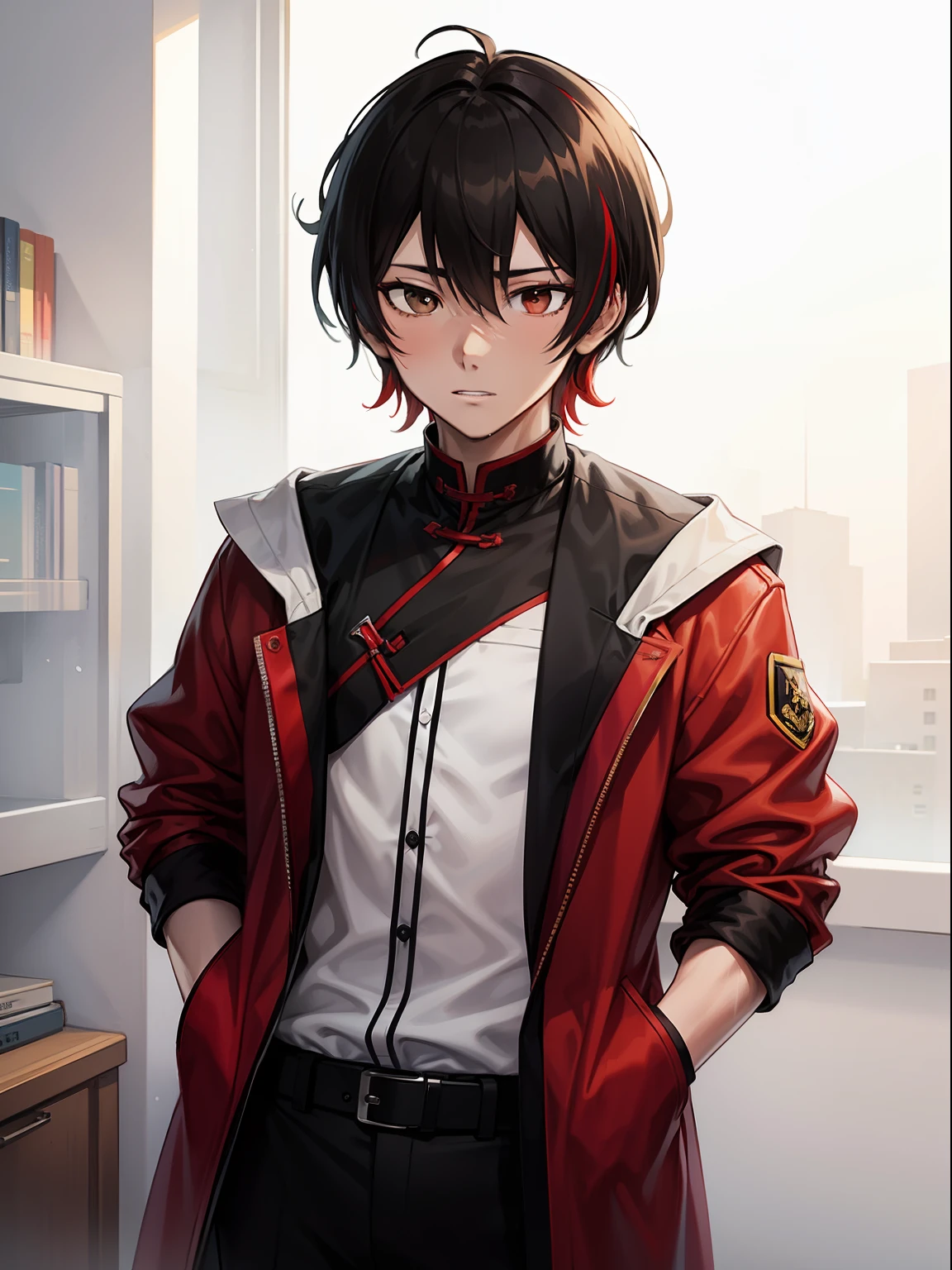 Detetive jovem chinês com altura média, pele pálida, Cabelo preto, Olhos castanhos, e cabelos com mechas vermelhas, em uma arte altamente detalhada em estilo anime.