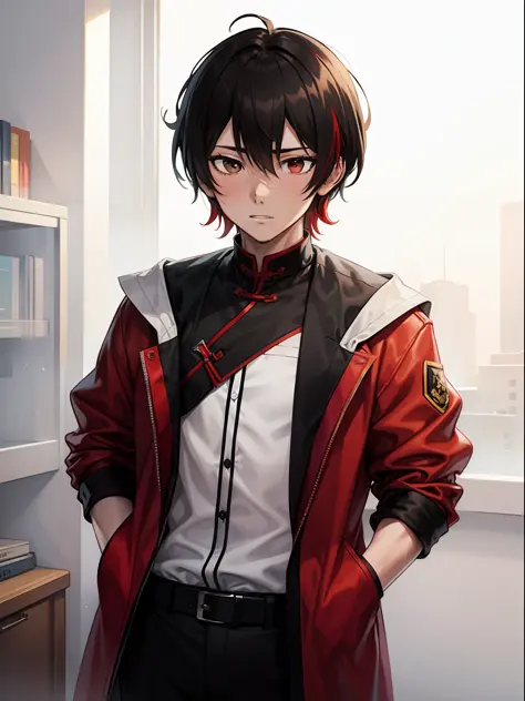 Chinese young man detective with average height, pale skin, black hair, brown eyes, and red streaked hair, in a highly detailed ...