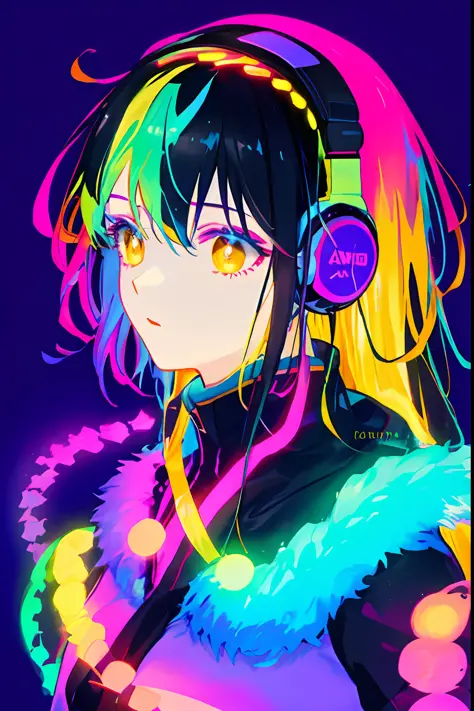 multicolored, 1girl, night, dark, black hair, looking at audience, upper body, facing audience, limited color palette, bright ba...
